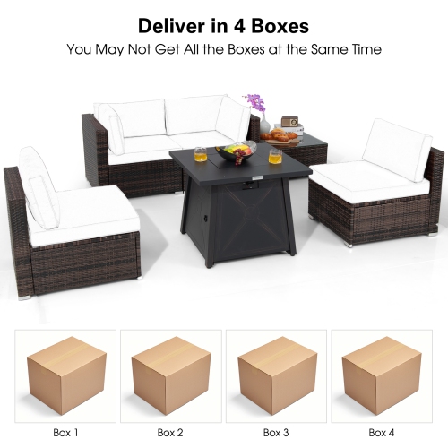 Topbuy 6-Piece Patio Furniture Set with 30" Propane Fire Pit Table Outdoor PE Wicker Conversation Set with Cushions and Tempered Glass Coffee Table