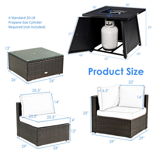 Topbuy 6-Piece Patio Furniture Set with 30" Propane Fire Pit Table Outdoor PE Wicker Conversation Set with Cushions and Tempered Glass Coffee Table