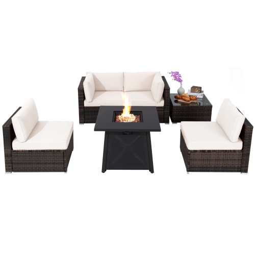 TOPBUY  6-Piece Patio Furniture Set w 30" Propane Fire Pit Table Outdoor Pe Wicker Conversation Set w Cushions And Tempered Glass Coffee Table Off