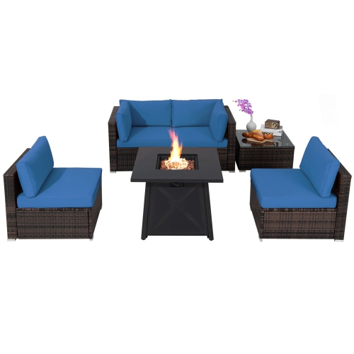Topbuy 6-Piece Patio Furniture Set with 30" Propane Fire Pit Table Outdoor PE Wicker Conversation Set with Cushions and Tempered Glass Coffee Table