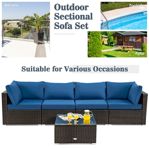Topbuy 6-Piece Patio Furniture Set with 30" Propane Fire Pit Table Outdoor PE Wicker Conversation Set with Cushions and Tempered Glass Coffee Table