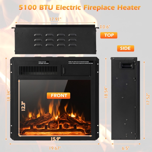 Costway 18" Electric Fireplace Insert 5100 BTU Freestanding Heater with Remote Control