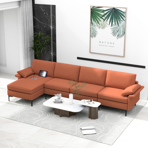Costway Modern Modular L-shaped Sectional Sofa USB Sofa w/ Reversible Chaise & 4 USB Ports Red