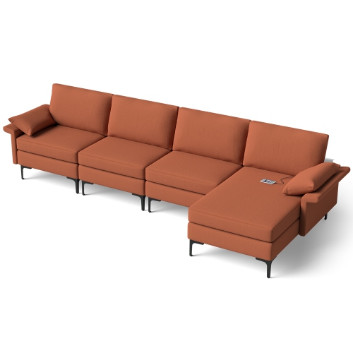 Costway Modern Modular L-shaped Sectional Sofa USB Sofa w/ Reversible Chaise & 4 USB Ports Red
