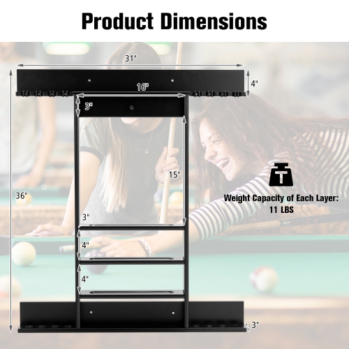 Support mural d’autocollants de piscine pour queues de billard de TopBuy pour ranger les queues de billard et les accessoires de table de billard
