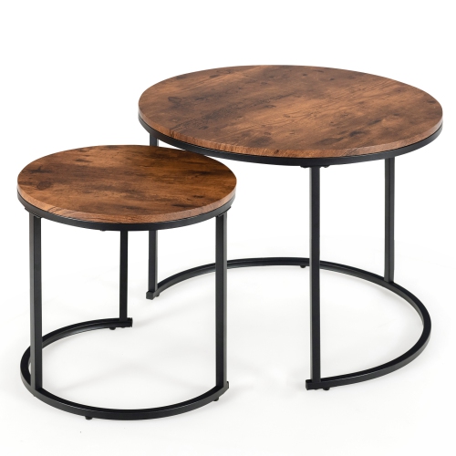 TOPBUY  2PCs Stacking Metal Legs Modern Side Round Nesting Coffee Table W/ Wooden Tabletop for Living Room Rustic Brown/brown