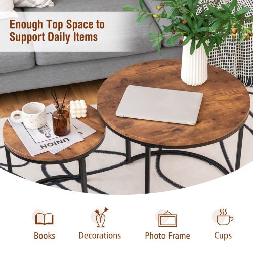 Topbuy 2PCS Stacking Metal Legs Modern Side Round Nesting Coffee Table w/ Wooden Tabletop for Living room Rustic Brown/Brown