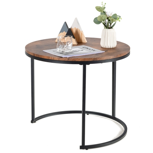 Topbuy 2PCS Stacking Metal Legs Modern Side Round Nesting Coffee Table w/ Wooden Tabletop for Living room Rustic Brown/Brown