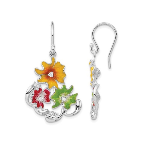 GEM AND HARMONY  Sterling Silver Red, Green And Enamel Flower Dangle Earrings In Yellow