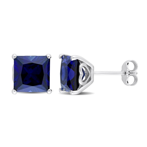 GEM AND HARMONY  5.60 Carat (Ctw) Lab-Created Princess Sapphire Solitaire Earrings In Sterling Silver (8Mm) In Blue