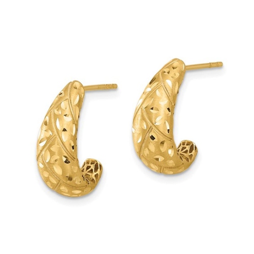 14K Yellow Gold Satin and Diamond-cut J-Hoop Earrings