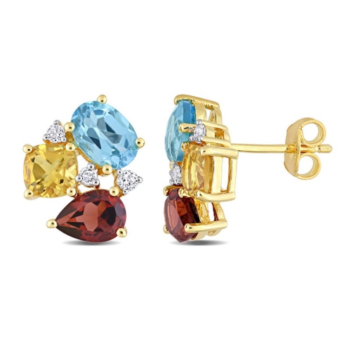 GEM AND HARMONY  4.90 Carat (Ctw) Garnet, Blue Topaz And Citrine Button Earrings In Plated Sterling Silver In Yellow