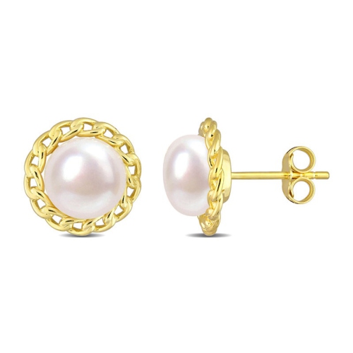 8-8.5mm White Freshwater Cultured Pearl Stud Earrings in Yellow Plated Sterling Silver
