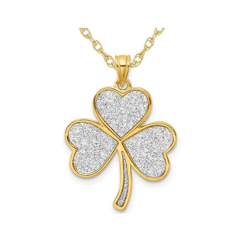 GEM AND HARMONY  Plated Sterling Silver Clover Glitter Infused Heart Pendant Necklace With Chain In Yellow