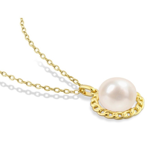 9mm White Freshwater Pearl Pendant Necklace in Yellow Plated Sterling Silver with Chain