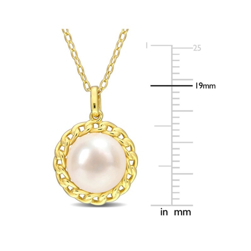9mm White Freshwater Pearl Pendant Necklace in Yellow Plated Sterling Silver with Chain