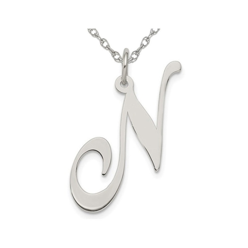 Sterling Silver Fancy Script Initial -N- Pendant Necklace Charm with Chain