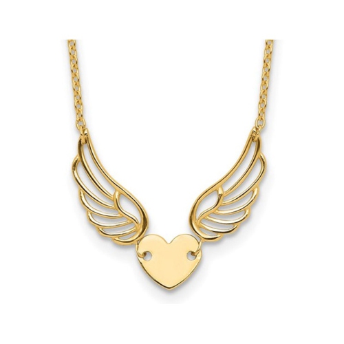 14K Yellow Heart with Wings Charm Pendant Necklace with Chain