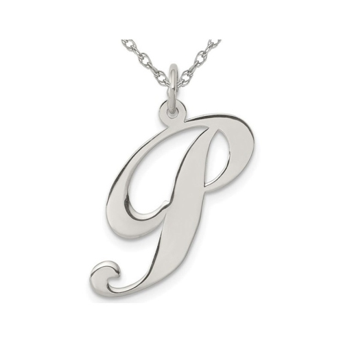 Sterling Silver Fancy Script Initial -P- Pendant Necklace Charm with Chain