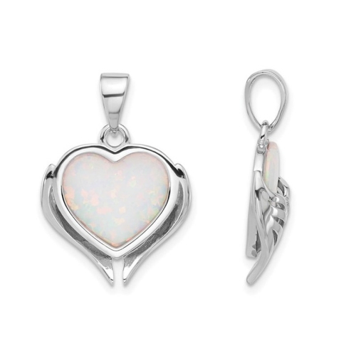 Lab-Created Opal Heart with Wings Pendant Necklace in Sterling Silver with Chain