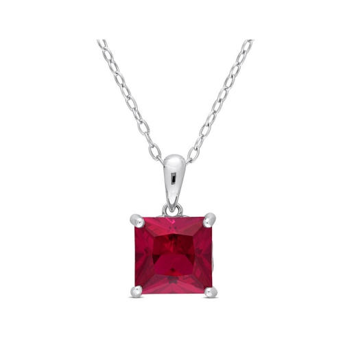 GEM AND HARMONY  3.06 Carat (Ctw) Lab-Created Ruby Princess Solitaire Pendant Necklace In Sterling With Chain In Silver