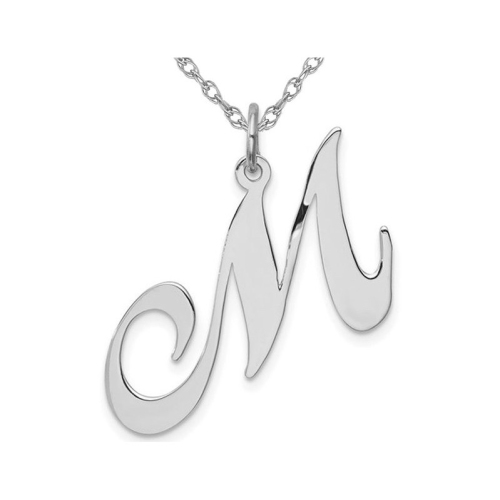 GEM AND HARMONY  Sterling Fancy Script Initial -M- Pendant Necklace Charm With Chain In Silver