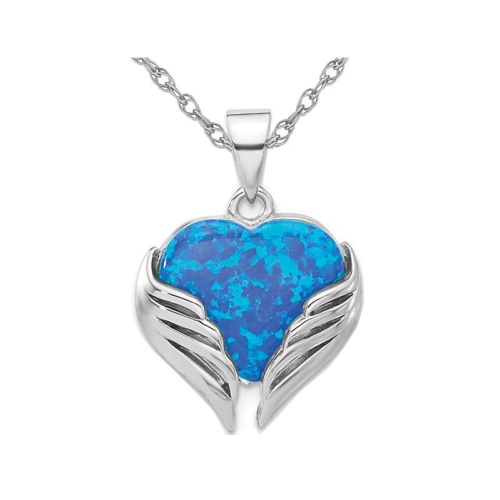 GEM AND HARMONY  Lab-Created Opal Heart With Wings Pendant Necklace In Sterling Silver With Chain In Blue