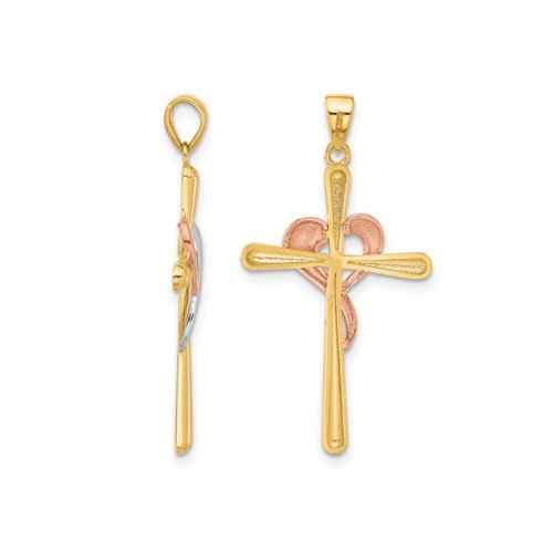 14K Yellow Gold Cross Heart Charm Pendant Necklace with Chain