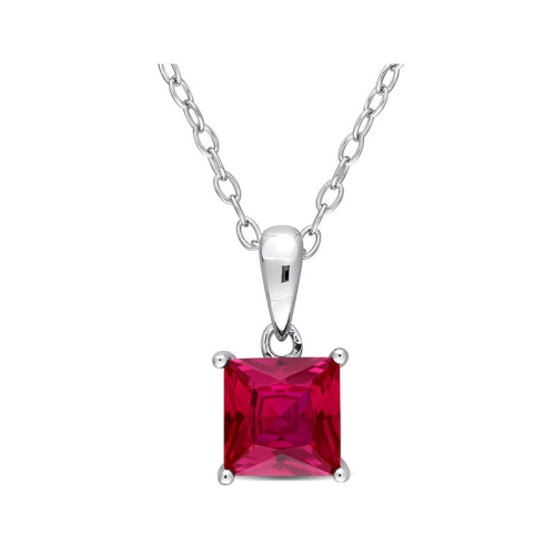 GEM AND HARMONY  1.45 Carat (Ctw) Princess-Cut Lab-Created Ruby Solitaire Pendant Necklace In Sterling With Chain In Silver