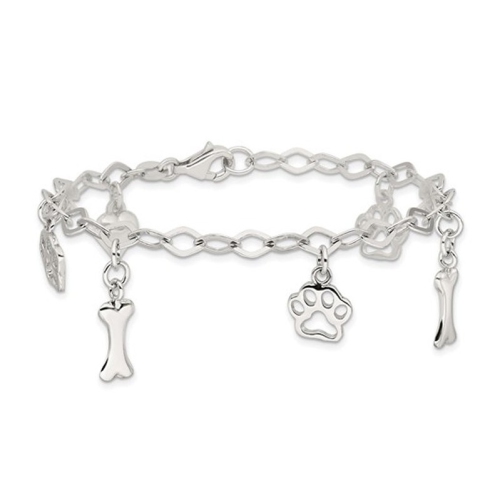Sterling Silver Dog Bone Paw Charm Bracelet