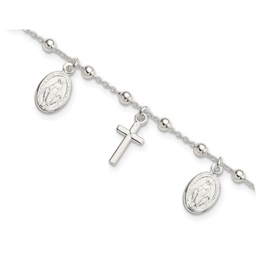 Sterling Silver Cross Miraculous Medal Charm Bracelet