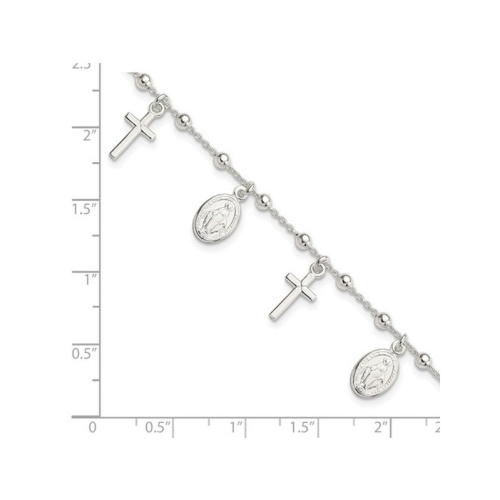 Sterling Silver Cross Miraculous Medal Charm Bracelet