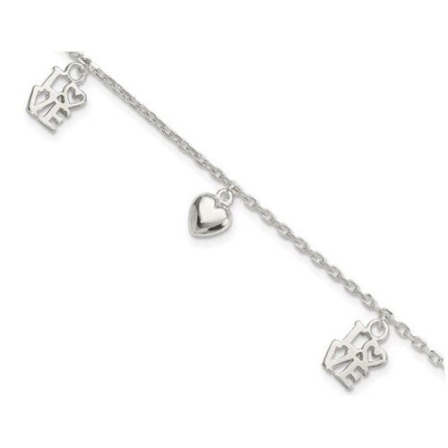 Sterling Silver Heart and Love Charm Bracelet