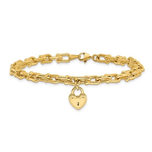 14K Yellow Gold Heart Lock Charm Link Bracelet