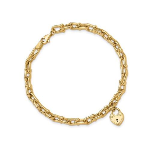 14K Yellow Gold Heart Lock Charm Link Bracelet