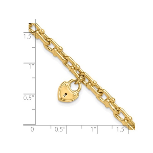 14K Yellow Gold Heart Lock Charm Link Bracelet