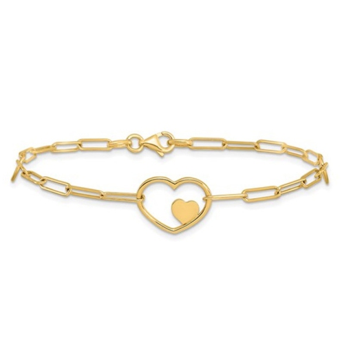 14K Yellow Gold Paperclip Heart Link Bracelet