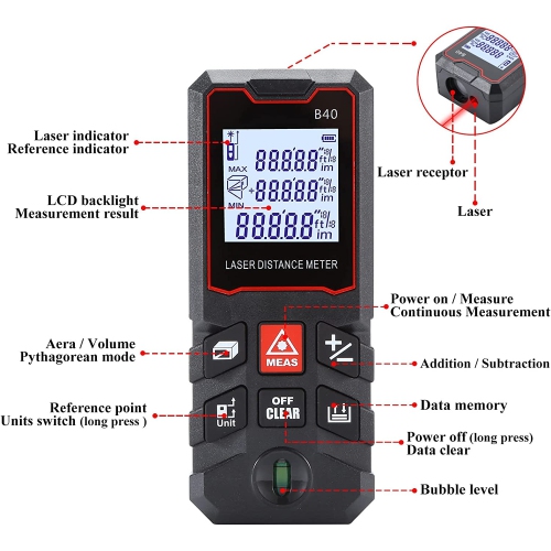 60m Measure LCD Digital Distance Meter Level Mini Range Finder Distance/Area/Volume/Pythagorean Measuring Tool Data Storage