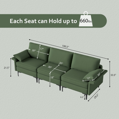 Costway Modern Modular Sofa Fabric 3-Seat Sofa Couch Living Room Furniture w/Metal Legs Green