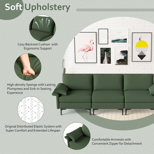 Costway Modern Modular Sofa Fabric 3-Seat Sofa Couch Living Room Furniture w/Metal Legs Green