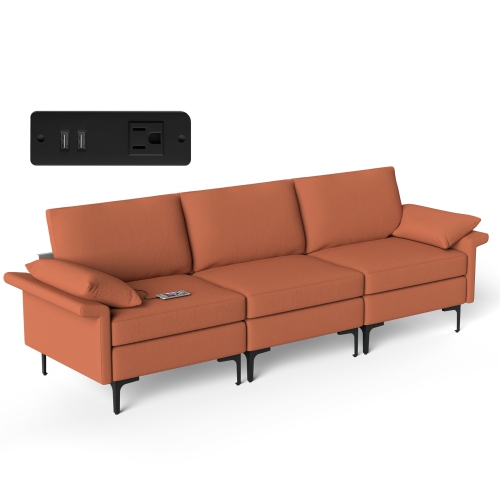 COSTWAY  Modern Modular Sofa Fabric 3-Seat Sofa USB Sofa W/ Socket USB Ports & Metal Legs Red