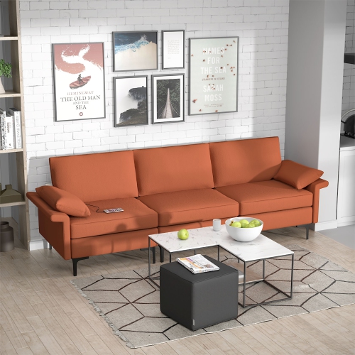 Costway Modern Modular Sofa Fabric 3-Seat Sofa USB Sofa w/ Socket USB Ports & Metal Legs Red