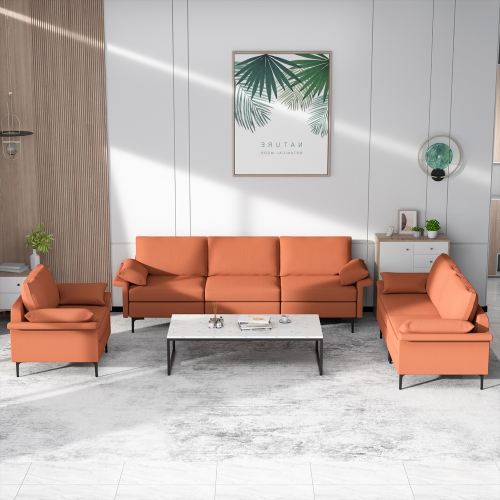 Costway Modern Modular Sofa Fabric 3-Seat Sofa USB Sofa w/ Socket USB Ports & Metal Legs Red