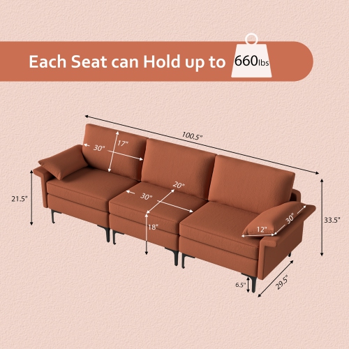 Costway Modern Modular Sofa Fabric 3-Seat Sofa USB Sofa w/ Socket USB Ports & Metal Legs Red