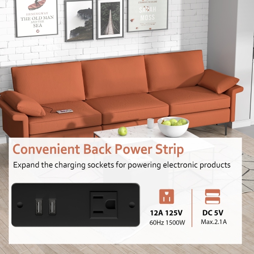 Costway Modern Modular Sofa Fabric 3-Seat Sofa USB Sofa w/ Socket USB Ports & Metal Legs Red