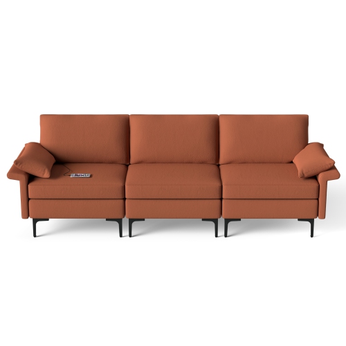 Costway Modern Modular Sofa Fabric 3-Seat Sofa USB Sofa w/ Socket USB Ports & Metal Legs Red