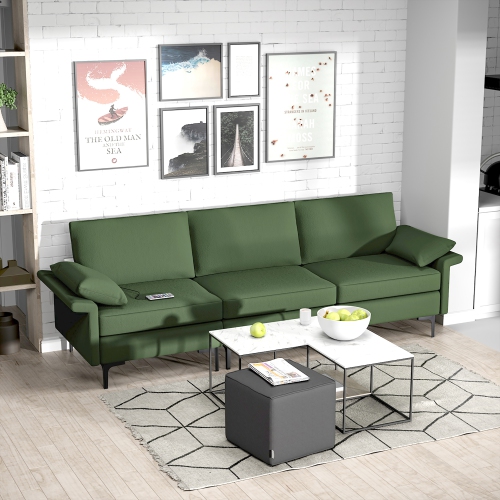 Costway Modern Modular Fabric 3-Seat Sofa Couch USB Sofa w/ Socket USB Ports & Metal Legs Green