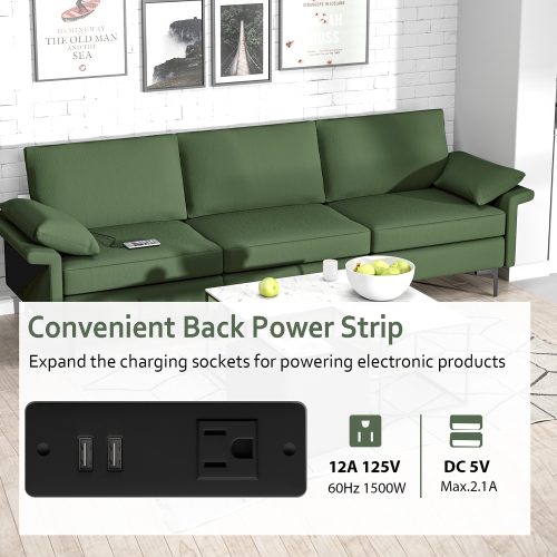 Costway Modern Modular Fabric 3-Seat Sofa Couch USB Sofa w/ Socket USB Ports & Metal Legs Green