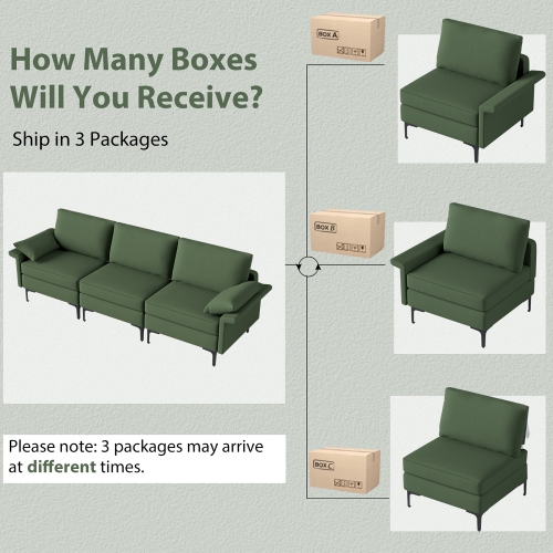 Costway Modern Modular Fabric 3-Seat Sofa Couch USB Sofa w/ Socket USB Ports & Metal Legs Green