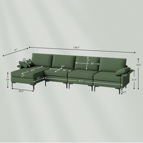 Costway Modern Modular L-shaped Sectional Sofa USB Sofa w/ Reversible Chaise & 2 USB Ports Green